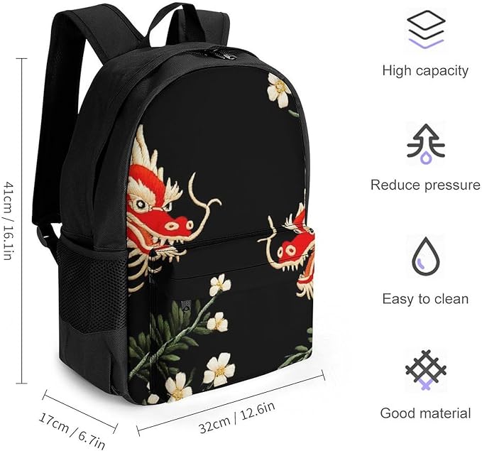 Polyester Daypack Backpack for Climbing Outdoors Running, Big Capacity Multipurpose Anti-Theft Bookbag, Floral Chinese Japanese Dragon Flower Travel Hiking Camping Rucksack