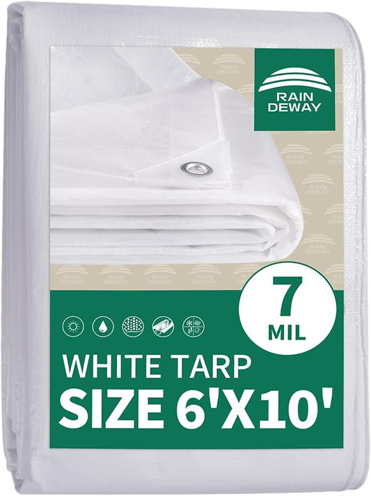 RAINDEWAY Tarps 6x10 Feet Tarp Waterproof,7Mil Thick,Finished Size,UV Resistant,Multipurpose Poly Tarp Cover with Metal Grommets and Reinforced Edges,White Tarps