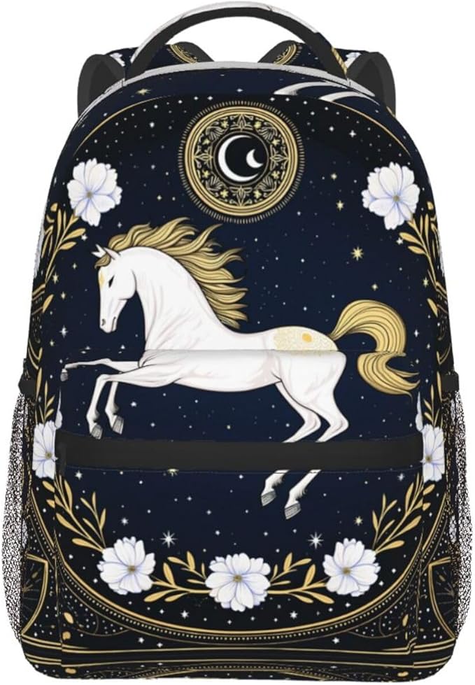 Daypack Bookbag Anti-Theft Multipurpose Large Capacity Bookbag, Running White Horse Starry Sky Flowers Elegant Art Travel Hiking Camping Rucksack With Adjustable Shoulder Straps