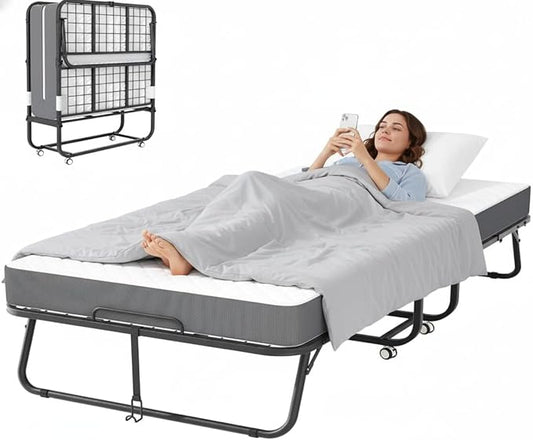 Bonusall Folding Bed with 5" Thick Memory Foam Mattress, Twin Size Rollaway Guest Bed for Adults, Sturdy Metal Frame Foldable Bed on Wheels, Portable Space-Saving Bed for Home & Office, 75" x 38" | 5" Memory Foam Base, 450 lbs Max Capacity, 360° Swivel...