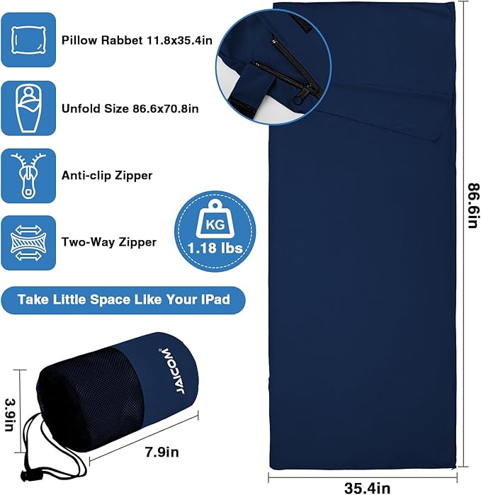 Sleeping Bag Liner, Sleep Sack Travel Sheets, Two-Way-Zipper Expose Feet Separately, Lightweight for Single, Backpacking,Hotels & Hostels, Camping, Travel, Business