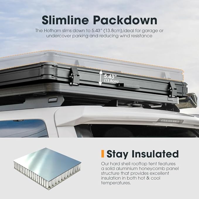 Sanhima Rooftop Tent Hard Shell - Hotham Lite Overland Aluminium Roof Top Tent 4.56" Slimline, w/Tri-Color LED Strip Light & 1.97” Thick Mattress, for Car SUV Truck Camping, 2-3 People