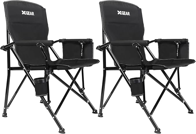 XGEAR Camping Chair with Padded Hard Armrest, Sturdy Folding Camp Chair with Cup Holder, Storage Pockets Carry Bag Included, Support to 400 lbs