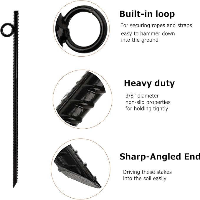12 Pack 16 Inch Ground Stakes Heavy Duty, Black Steel Ground Anchors with Loop, Reusable Tent Rebar Tent Stakes for Sheds Outdoor Camping Walkway Fence