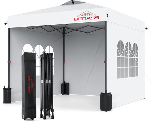 10x10 Pop Up Canopy with 3 Sidewalls, Heavy Duty Tents for Parties, One Person Set Up Event Tent, White