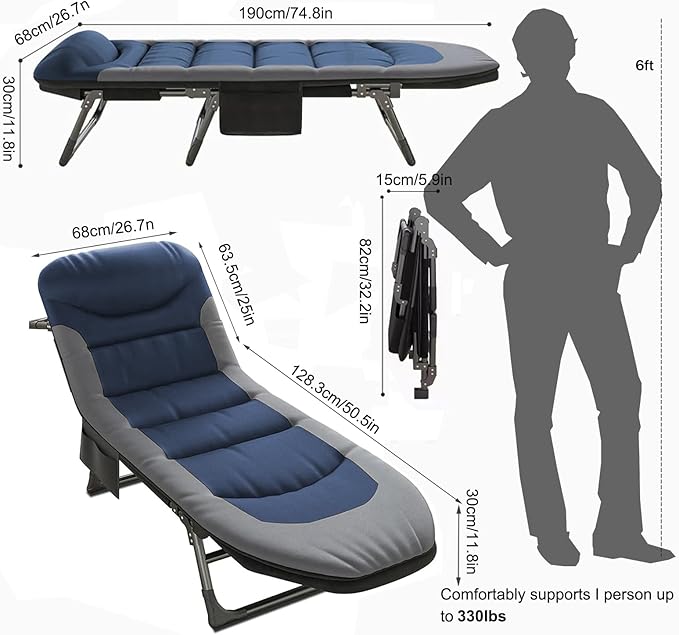 Portable Cot for Camping Adult, Folding Camping Cot with Thick Mattress, Pillow, Adjustable Cots for Sleeping with Pad, 26" Wide, for Home Office Nap Beach Travel Hiking (Blue 2)