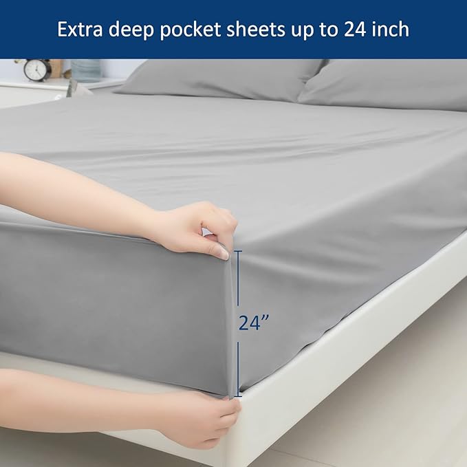 California King Sheet Sets for Air Mattress - Extra Deep Pocket Cal King Sheet Set - 3Pcs Side Storage Pocket Fitted Sheet & Pillowcases Easily Fits 16in to 24in Pillow Top Air Bed Mattress(Grey)
