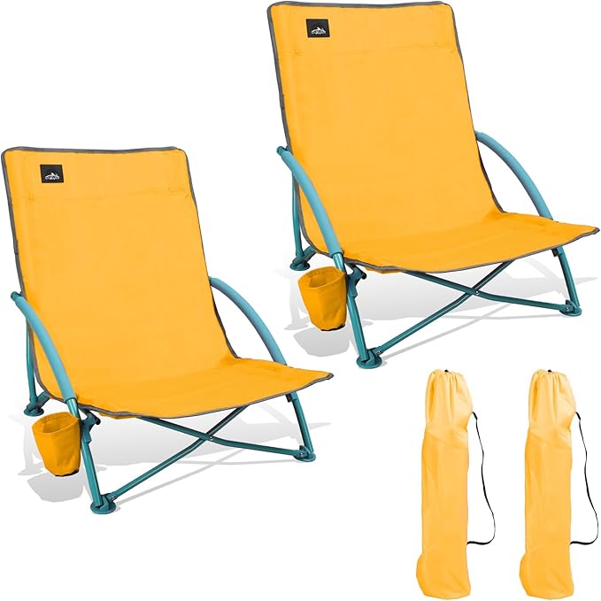 NORTHROAD 2 Pack Low Folding Beach Chair,Portable Lightweight Lowback Sling Chair, Outdoor Low Seat Camping Chair w/Cup Holder & Carry Bag for Sand Camping Lawn Picnic Festival,Orange