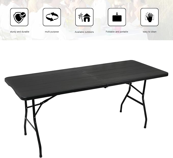 70.8" W X 29" D X 29" H - 6 ft Folding Table Black Wood Grain Portable Heavy Duty Plastic Fold-in-Half Utility Foldable Table for Camp，Picnic & Party