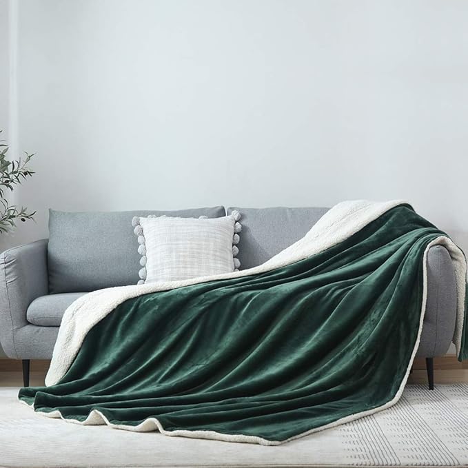 NANPIPER Bed Blanket Reversible Sherpa Flannel Blanket Super Soft Fuzzy Plush Fleece Microfiber (90"x90" Olive Green) Queen