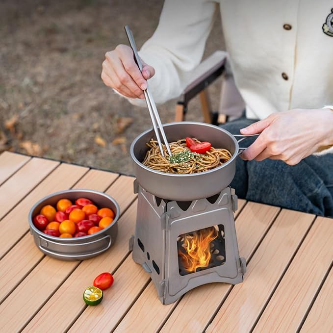 BY-J 2 Piece-Set, Outdoor Titanium Frying Pan with Folding Handle Camping Hanging Cookware Hiking Picnic Ultralight Tableware