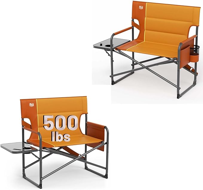TIMBER RIDGE XXL Director’s Chair – Heavy Duty Folding Chair with Side Table, 500 lb Capacity, Extra Wide Padded Seat for Camping, Sports, Beach, Patio, and Outdoor Use, Orange-2 Pack