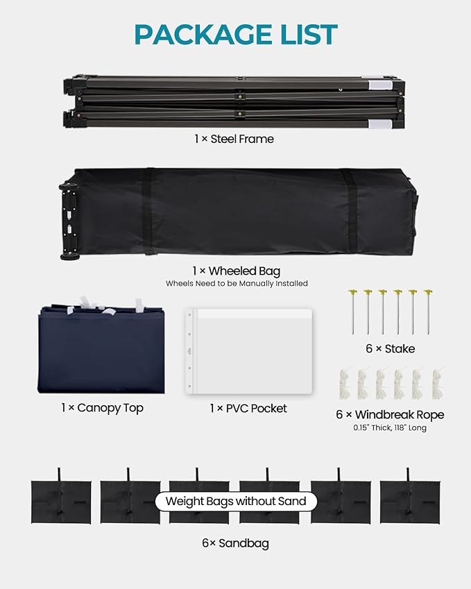 10x20 Pop Up Canopy Tent with Roller Bag, Easy Set Up, Waterproof Commercial Shelter, 6 Stakes & 6Sandbags & 6 Ropes, Silver Coated Top, Navy Blue