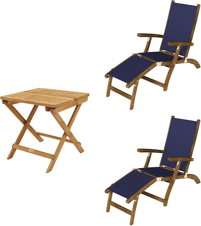 3-Piece Teak Patio Conversation Set with Sling Steamer Loungers & 20-Inch Square Folding Picnic Table (P137NV), Navy Sling