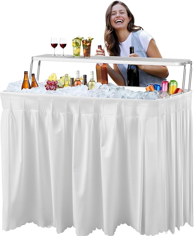 Ice Cooler Table with Drain, Two-Tier Plastic Folding Tables, with Removable Matching Skirt and Shelf, Indoor Outdoor Use for Party Camping Picnic Fishing Cleaning, 440 lbs Capacity
