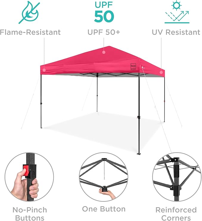 Best Choice Products 12x12ft Pop Up Canopy Tent, Outdoor Shade, 1 Person 1 Minute Set Up, Carry Case, 4 Weight Bags - Hot Pink