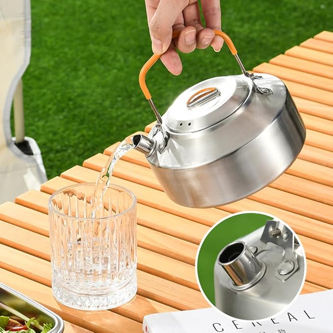 Camping Kettle, Portable Stainless Steel Tea Coffee Pot, Outdoor Water Teapot with Safe Handle for Picnic, Fishing, Backpacking