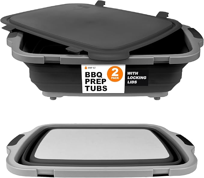 Drip EZ Collapsible BBQ Prep Tubs 2-Piece Set- For Meal Prep Marinating Food Storage - Includes Cutting Board & Lid - (2) XL - Black