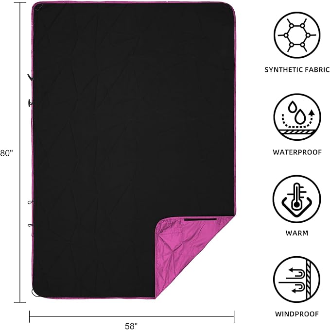 Outdoor Waterproof Blanket, Foldable Fleece Stadium Blanket for Outdoor Sports Event, Camping, Car, Pet, Picnics - Windproof, Wearable, Machine Washable 80" x 58" (Rose Purple,Hooded)