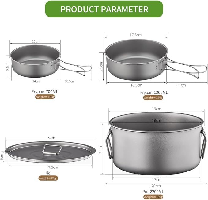 BY-J 3 Piece-Set, Outdoor Titanium Frying Pan & Pot with Lid Folding Handle Camping Hanging Cookware Hiking Picnic Ultralight Bowl Tableware