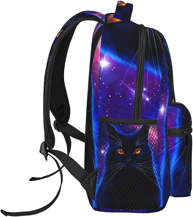 Backpack Anti-Theft Multipurpose Large Capacity Carry On Bag, Cosmic Black Cat Eye Flames Burning Starry Sky Camping Outdoor Backpack With Side Pockets