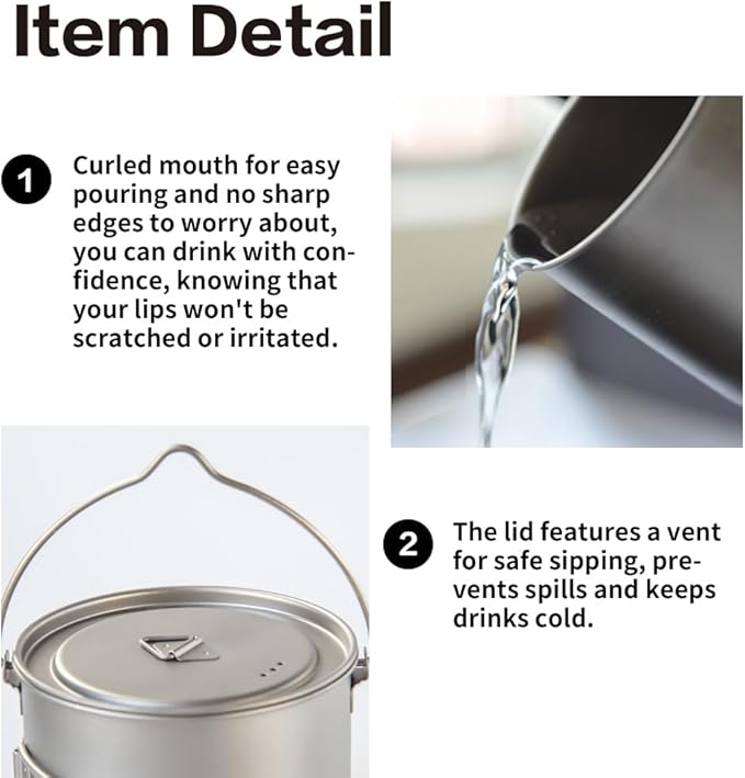1100ml Titanium Camping Pot with Lid & Bail Handle, Lightweight Backpacking Cookware for Outdoor Hiking Cooking, Ultralight Titanium Cook Pot for Campfire Use