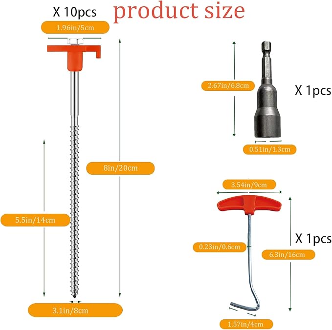 10-Pack 8" Heavy Duty Screw in Tent Stakes, Drill-in Non-Rust Ground Anchor Pegs, Metal Tent Accessories for Camping, Garden, Hiking, Orange