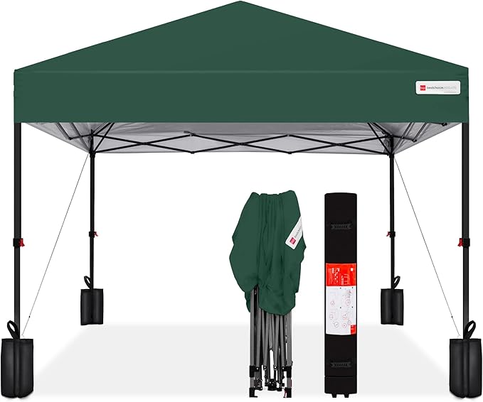 Best Choice Products 8x8ft Pop Up Canopy Tent, Outdoor Shade, 1 Person 1 Minute Set Up, Carry Case, 4 Weight Bags - Dark Green