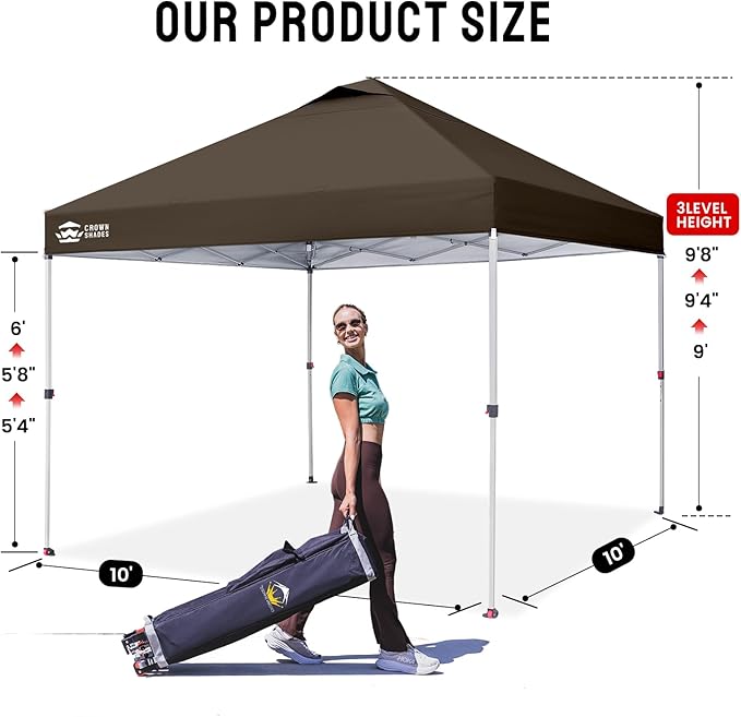 CROWN SHADES 10x10 Pop Up Canopy - Beach Tent with One Push Setup - Outdoor Sun Shade for Events, Parties, Camping - Gazebo with STO-N-Go Cover Bag, Silver Coated Top, 3 Height& 4 Sand Bags, Coffee