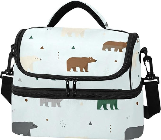 Double-layer Lunch Bag Bears Double Deck Cooler Bags with Strong Support for Beach, Travel, Car