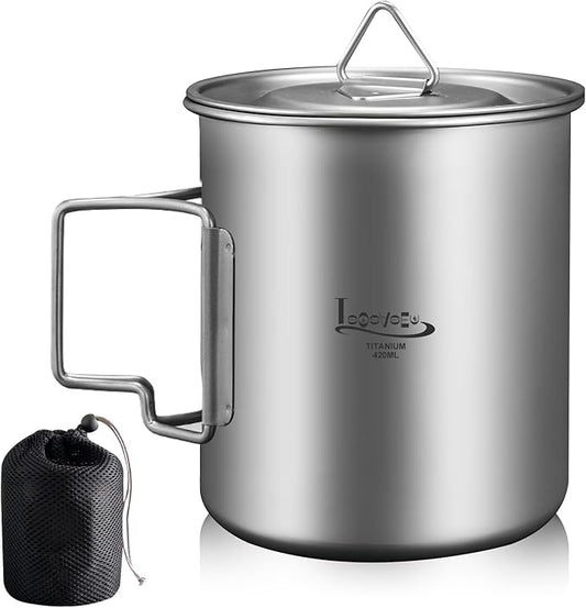 Titanium Pot with Lid, Lightweight Camping Pot with Foldable Handles, Portable Titanium Cooking Pot, Backpacking Pot Titanium Cookware with Carry Bag