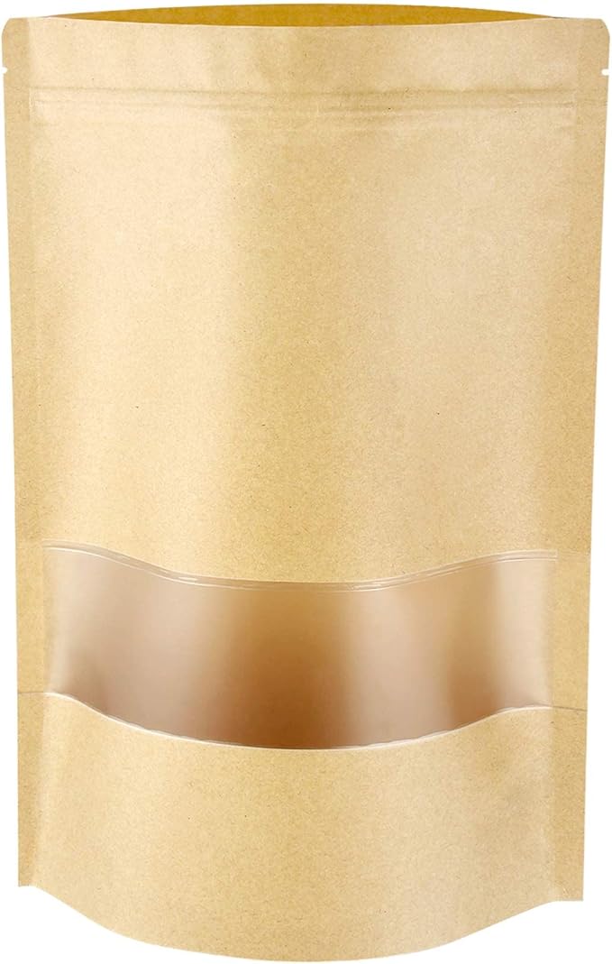 Blisstime Stand Up Pouches, 50 Pack Kraft Paper Bags with Matte Window and Tear Notch Resealable Bags for Small Business Home Use (6.5 x 8.7 Inches)