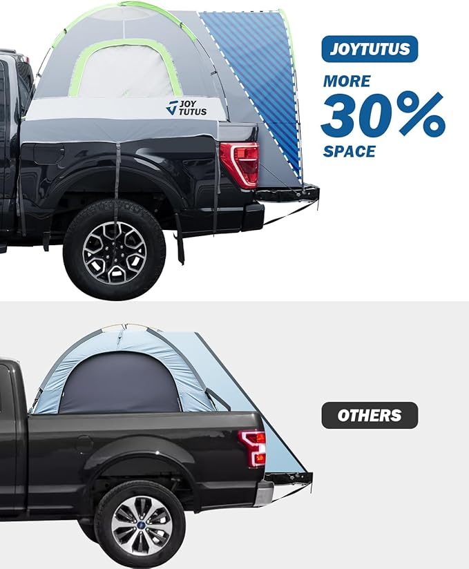 JOYTUTUS Truck Tent with Rainfly 8.0Ft, Straight Spacious Truck Bed Tent with Sky View Mesh, Waterproof PU2000mm Double Layer for 2 Person, Gray Green