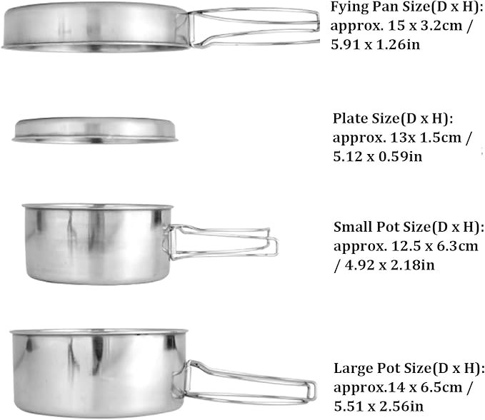 Camping Pots Pans, 4Pcs Portable Foldable Stainless Steel Combination Pot Cookware Set Camping Kitchenware Picnic Outdoor Pan Pot Plate Tableware Backpacking Gear for Camping Hiking Picnic