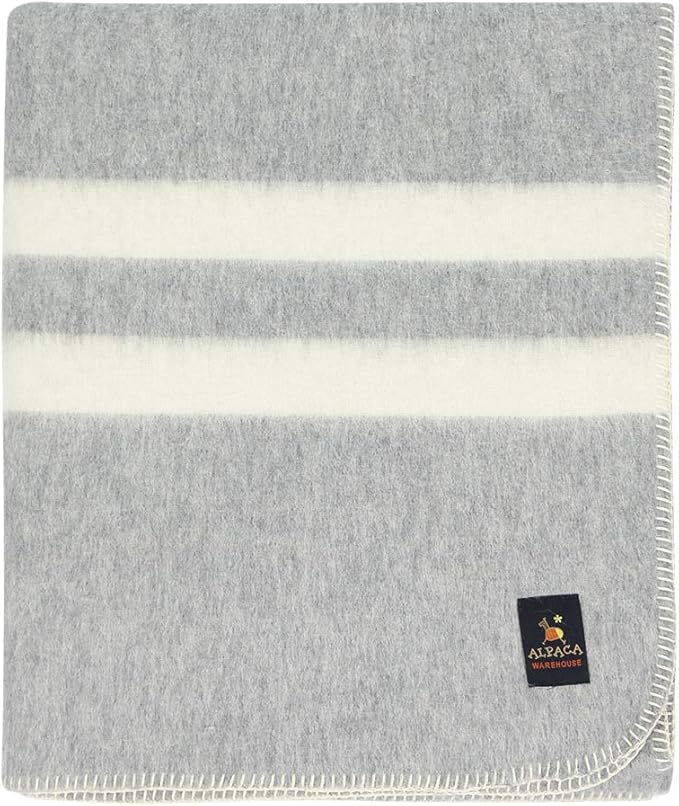 Thick Alpaca Wool Blanket Heavyweight Camping Outdoors Indoors Soft Peru Queen Size Stripes Design (Soft Gray - Ivory Stripes, Queen Size)