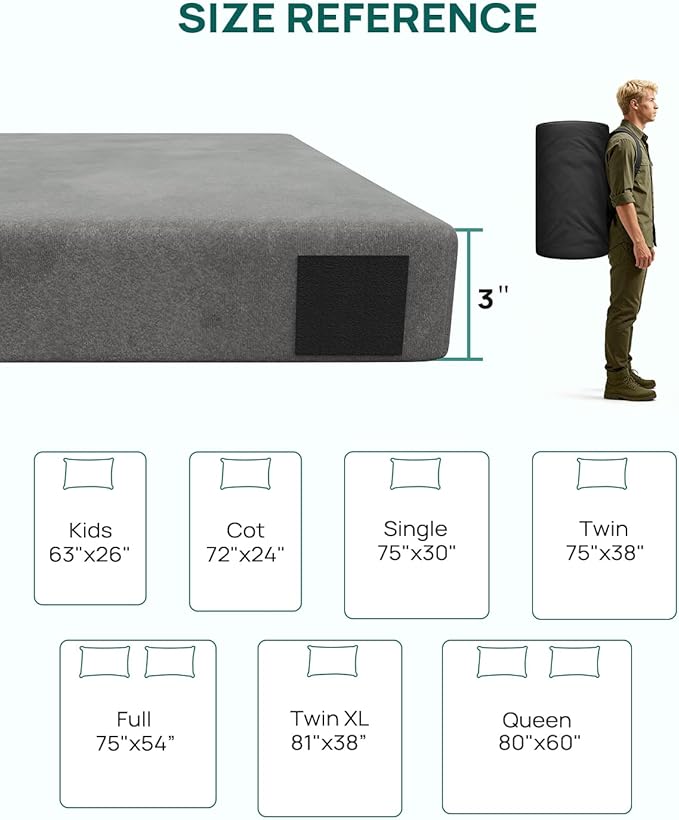 3 Inch Dual-Sided Memory Foam Camping Mattress, Waterproof Camping Sleeping Pad with Portable Pillow & Carry Bag, Roll Up Cot Mattress Mat for Guest Bed/Car/Tent