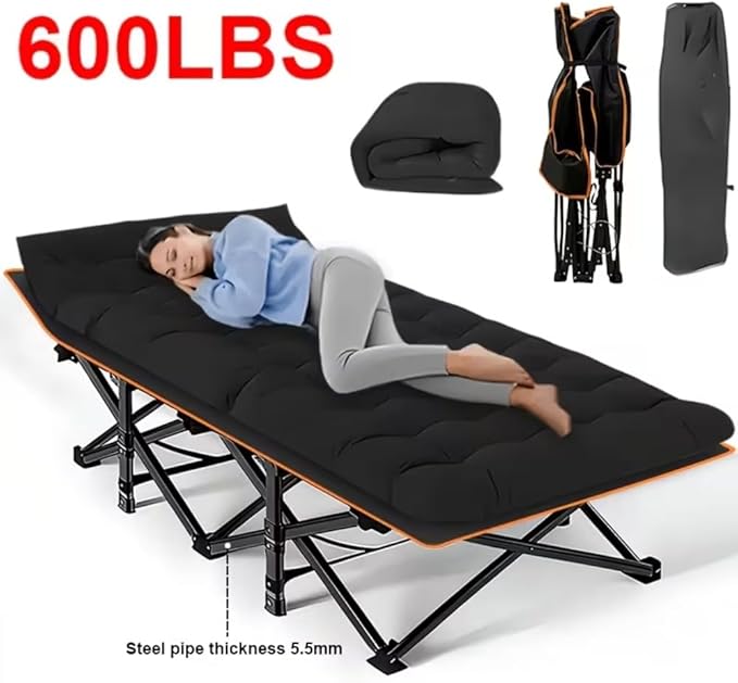 600LBS, Extra-Large Folding Outdoor Camping Bed with Mattress, Portable Folding Guest Bed, Heavy-Duty Sleeping bedwith Storage Bag, Suitable for Travel and Leisure (Black 600lbs)
