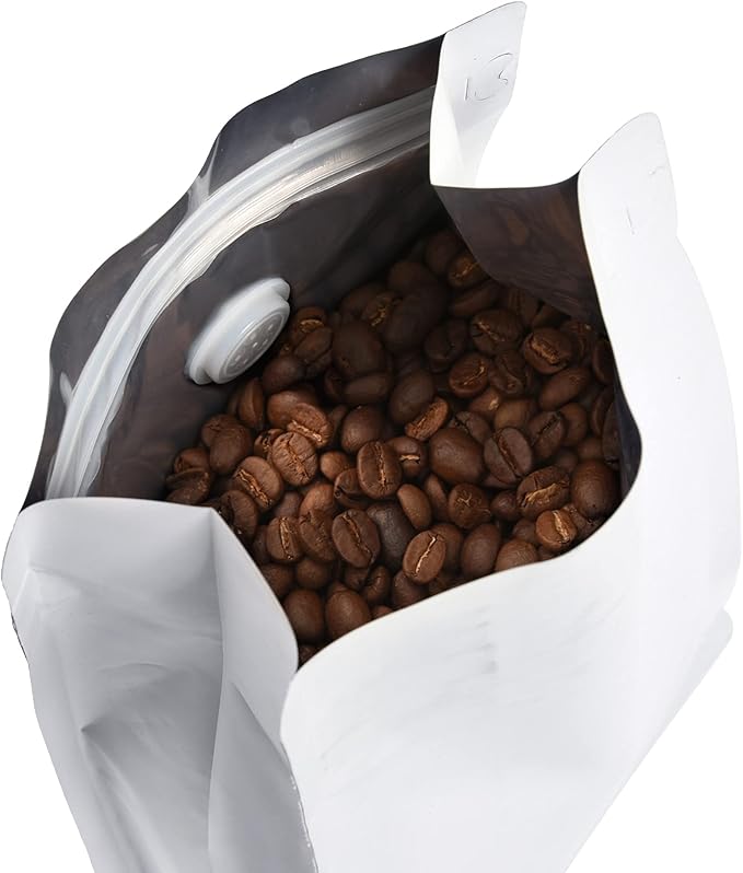 50 Pack Coffee Bags with Aluminum Foil and Degassing Valve, Resealable High Barrier Storage Bags, Odor-Proof for Coffee Beans, Stand Up Coffee Pouch, Flat Bottom (Medium-12OZ, White)