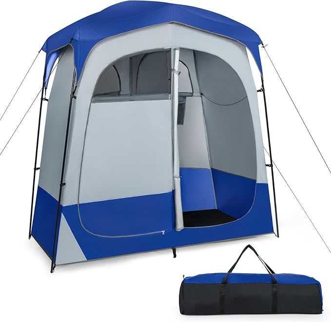 Goplus 2 Room Shower Tent, Portable Camping Changing Shelter with Floor Drain,Detachable Rain Fly, Stakes & Ropes, UV Protection, Water Resistant Privacy Tent for Outdoor Toilet, Dressing (Navy)