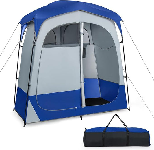 Goplus 2 Room Shower Tent, Portable Camping Changing Shelter with Floor Drain,Detachable Rain Fly, Stakes & Ropes, UV Protection, Water Resistant Privacy Tent for Outdoor Toilet, Dressing (Navy)