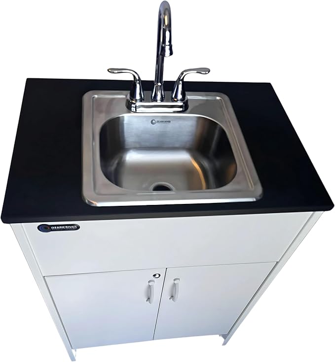 Ozark River Portable Sinks Essential Series, Black Laminate Countertop-White Cabinet-Stainless Basin, Mobile Hot Water Hand Washing with Water Tanks,110v Portable Handwashing Sink