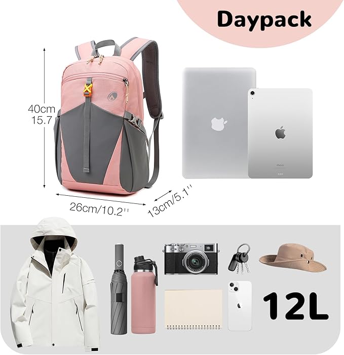 12L Hiking Backpack with Padded Straps for Kids, Waterproof Small Hiking Backpack with Chest Strap for Women, Mini Lightweight Kid Travel Backpacks Day Pack, Pink
