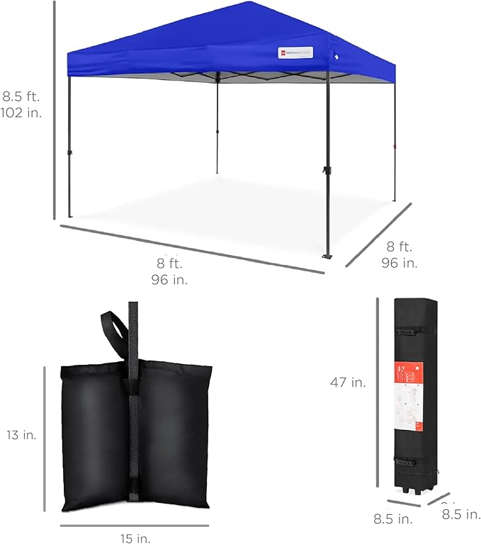 Best Choice Products 8x8ft Pop Up Canopy Tent, Outdoor Shade, 1 Person 1 Minute Set Up, Carry Case, 4 Weight Bags - Resort Blue