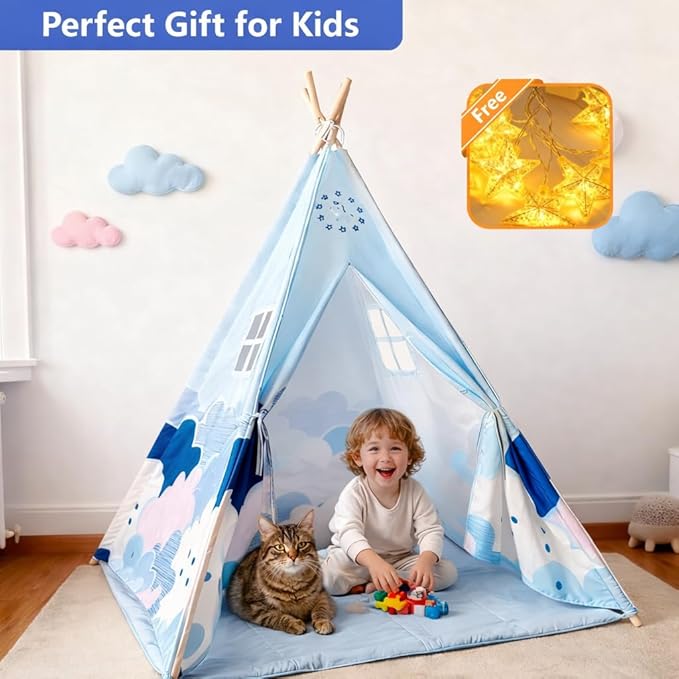 Pony Teepee Tent for Kids and Pets Blue Cloud Play Tent with Mat & Windows, Foldable Indoor Toddler Tent for Boys & Girls, Cute Pony Playhouse for Kids and Cat Cozy Hideout for Reading and Cat House
