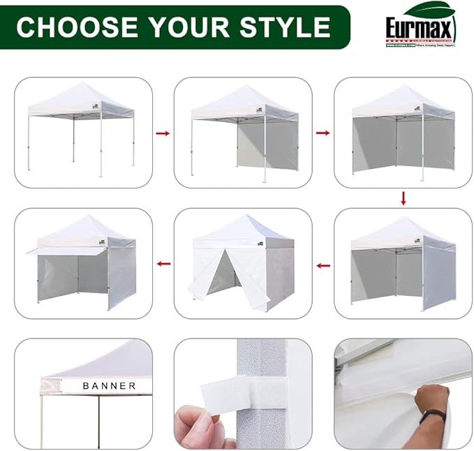 Eurmax USA 10 x 10 Pop up Canopy Commercial Tent Outdoor Party Canopies with 4 Removable Zippered Sidewalls and Roller Bag Bonus 4 Canopy Sand Bags & 24 Squre Ft Extended Awning (Beige)