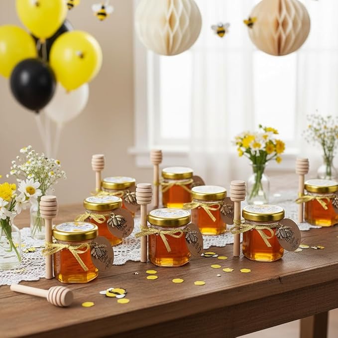 Small Honey Jar, Mini Honey Jars with Dipper, Glass Honey Pot Baby Shower Favors, Party Favors & Wedding Favors, Hexagon Honey Container w/ Lid, Bee Charms, Fabric Ribbons and Bags, 60 Pack 1.5oz