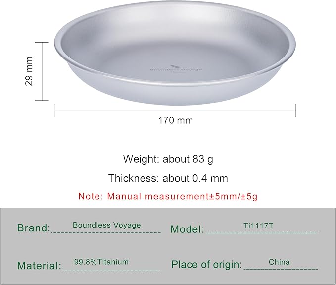 Boundless Voyage Titanium Camping Plate Dishes Saucer Lightweight Round Dinnerware Set Stackable Serving Plates Pasta Plates Travel Outdoor Home Kitchen Tableware Set Ti1117T