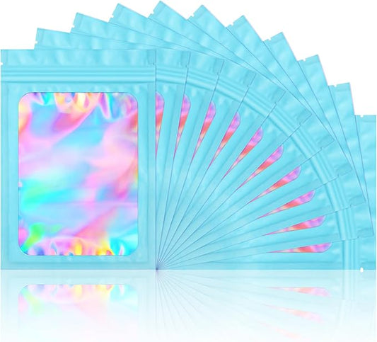 100 Pack Smell Proof Bags- Resealable Mylar Holographic Packaging Pouch Bag with Clear Window for Food Storage Eyelash Jewelry Electronics Storage (Blue, 3.5 x 4.7 Inch)