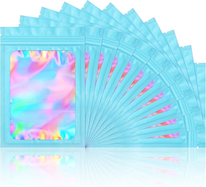 100 Pieces Smell Proof Mylar Bags- Resealable Holographic Packaging Pouch Bag with Clear Window for Food Storage Eyelash Jewelry Electronics Storage (Blue, 4 x 6 Inch)