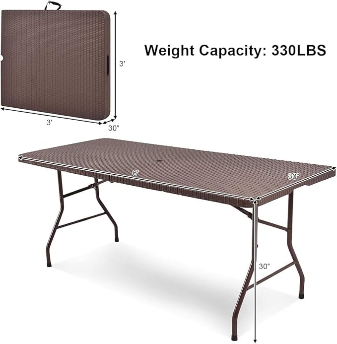 Tangkula 6Ft Rattan Folding Table, Indoor Outdoor Portable Foldable Table with 1.8 Inch Umbrella Hole, Heavy Duty Metal Frame, Carrying Handle for Camping Picnic Backyard BBQ